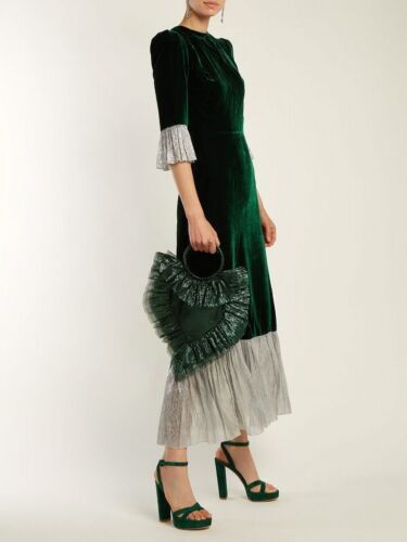 Emerald Green Velvet A Line Ruffle Hem Midi Dress
