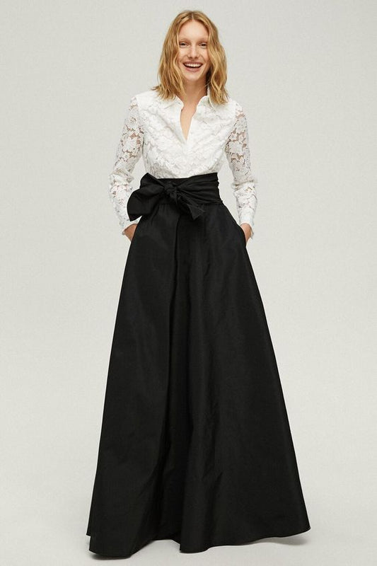 Long Black Maxi Bow Tie Pleated and Lined Taffeta Skirt for Prom