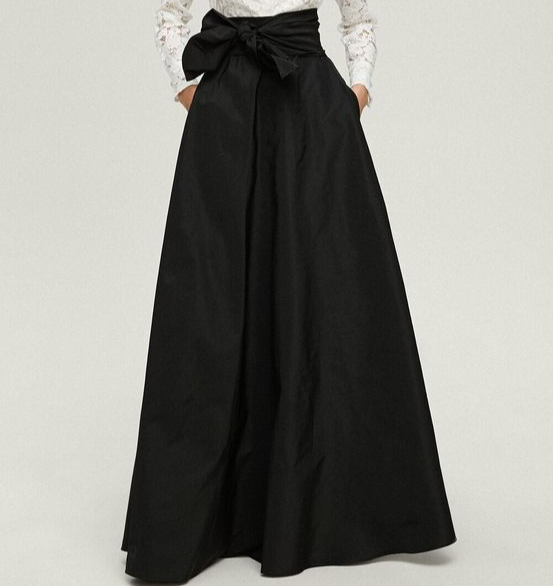 Long Black Maxi Bow Tie Pleated and Lined Taffeta Skirt for Prom