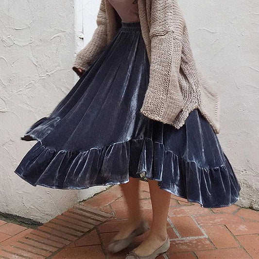Elastic Waist Tiered Ruffle Hem Grey Velvet Midi Skirt