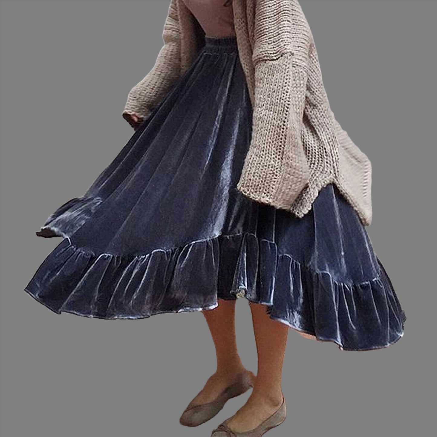 Elastic Waist Tiered Ruffle Hem Grey Velvet Midi Skirt