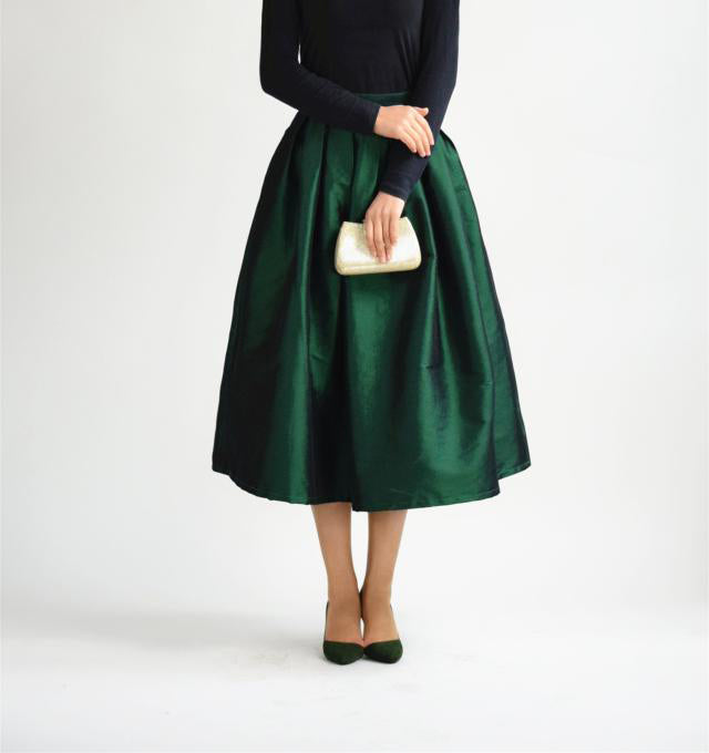 Green Midi and High Waist and Pocketed Taffeta Skirt
