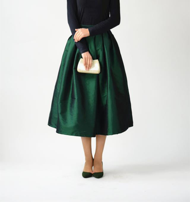 Green Midi and High Waist and Pocketed Taffeta Skirt