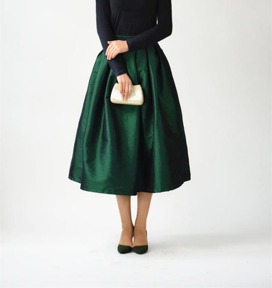 Green Midi and High Waist and Pocketed Taffeta Skirt