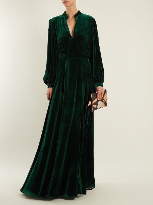 Green Long Pleated Velvet Dress for any Speacial Occasions