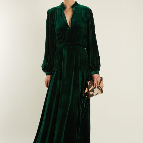 Green Long Pleated Velvet Dress for any Speacial Occasions
