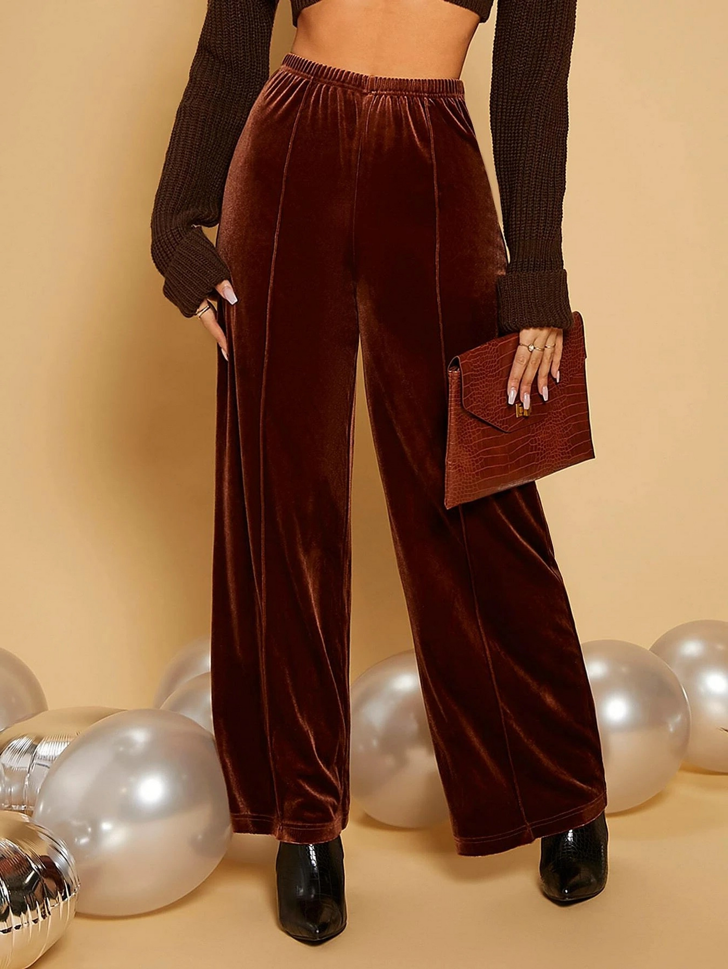 Brown Velvet Wide Palazzo Pants for Special Occasions