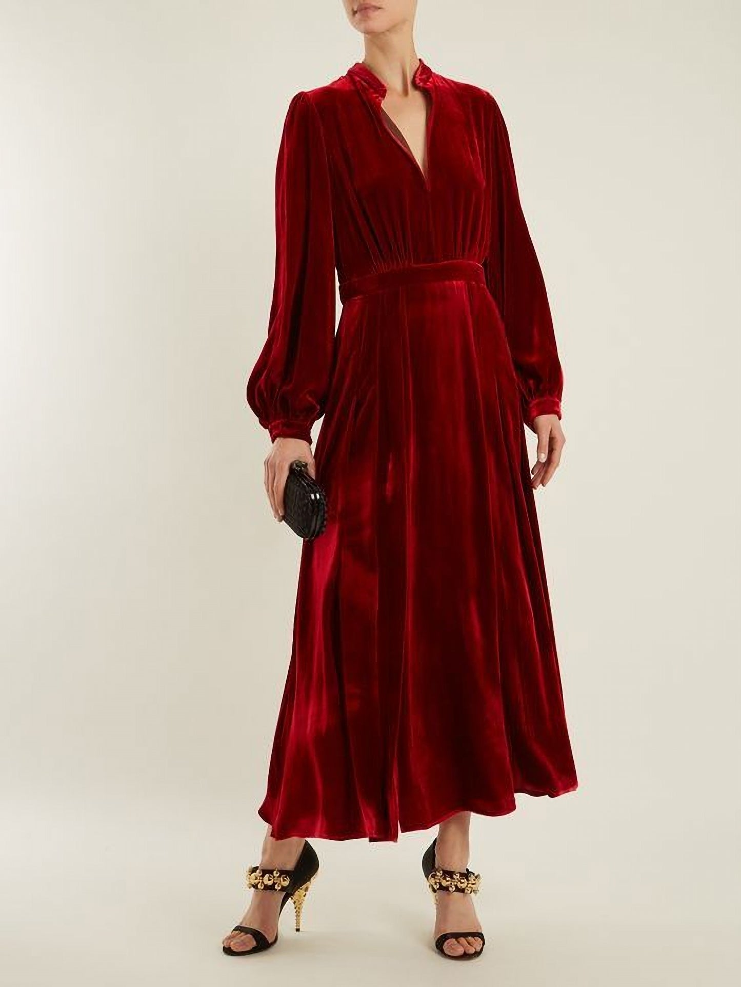 Red Long Sleeves Lined and Pleated Velvet Wedding Dress