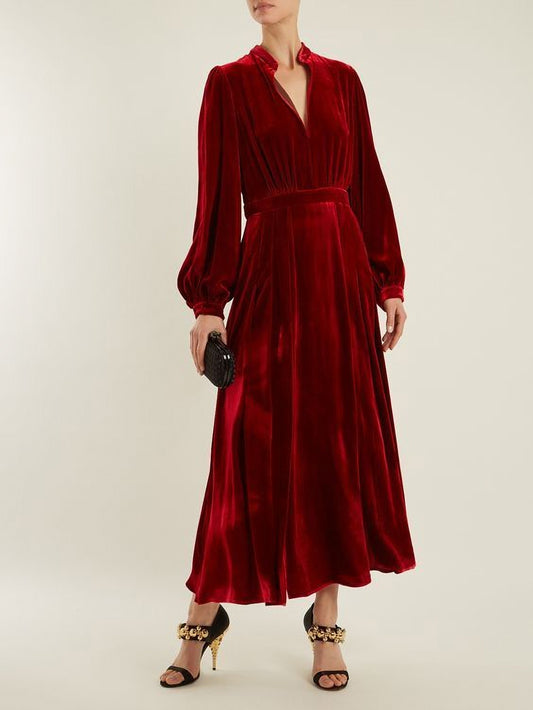 Red Long Sleeves Lined and Pleated Velvet Wedding Dress