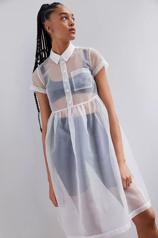 Short Sleeves White Organza Dress Prom Party Casual Wear