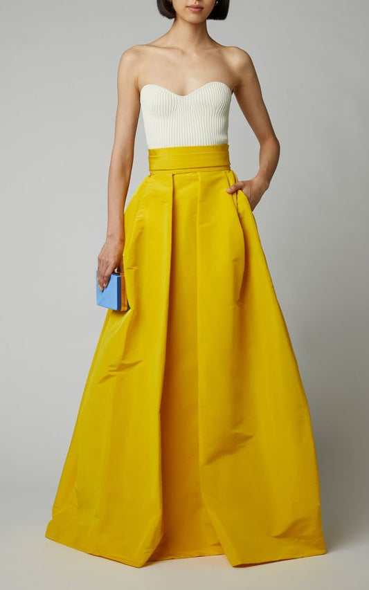 Yellow Long Belted Taffeta Skirt for Wedding Occasion