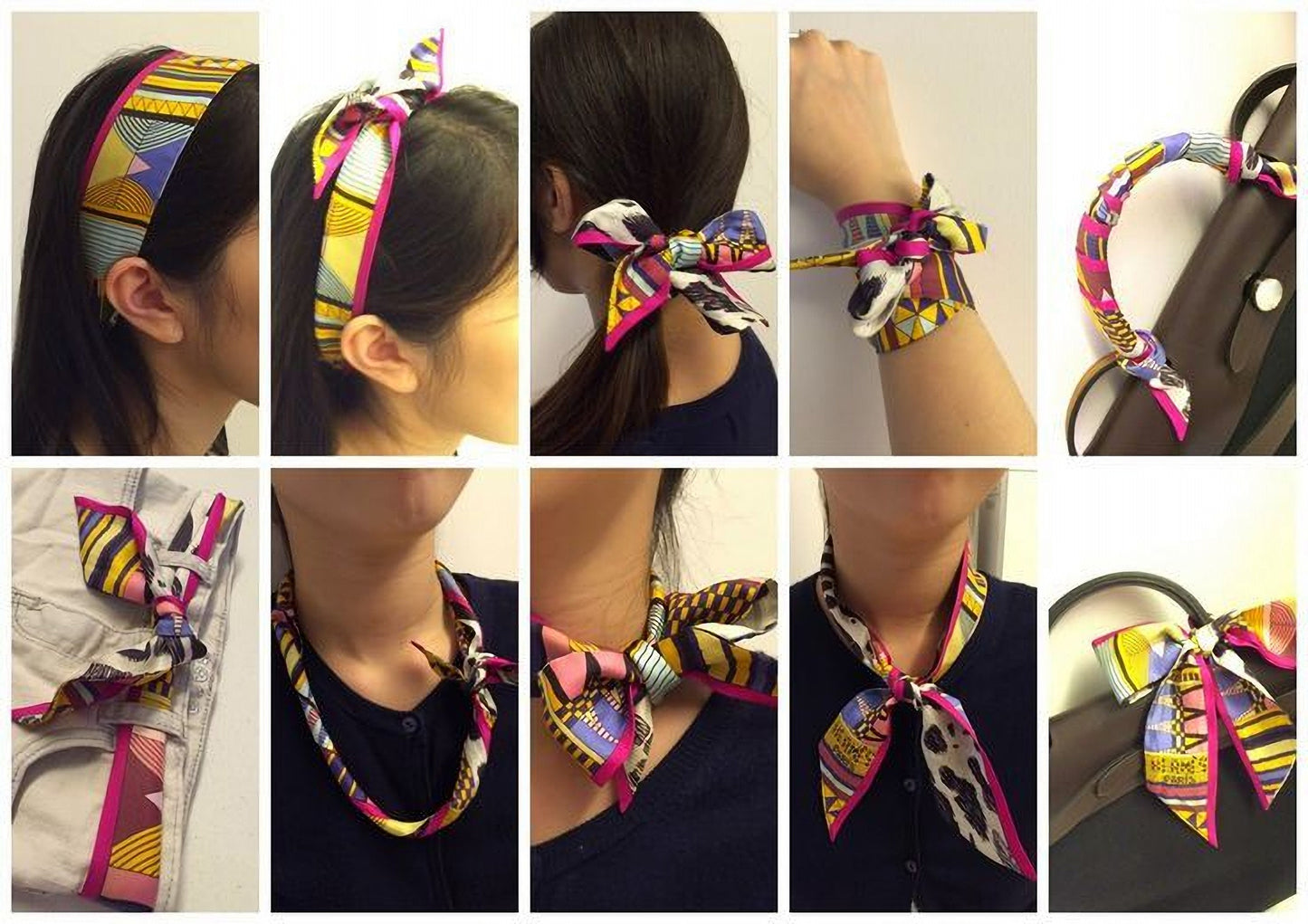 Silk Hair Ribbon Pony Scarf Tie Skinny Scarf Silky head Scarves Ponytail Head Ribbon Neck ChokerHeadband Ribbon Retro Purse Scarf 6 Pc