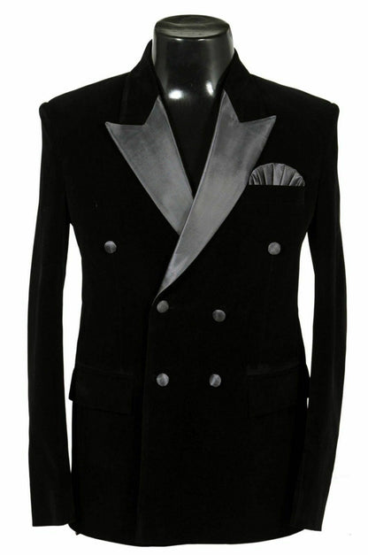 Men Black Velvet Blazer Double Breasted Jacket Coat