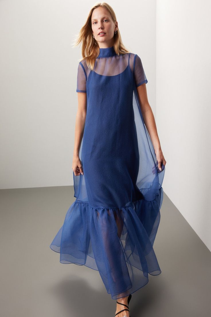 Organza Overlay Sheer Gown with Slip and Ruffle Hem Dress