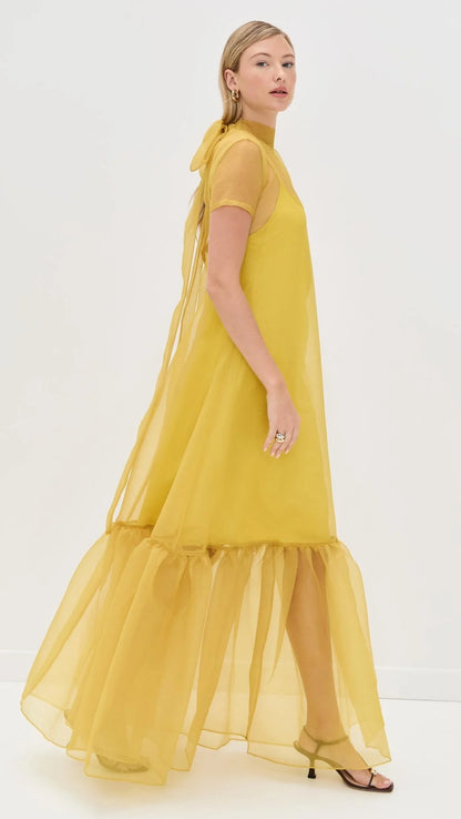 Sheer Yellow Organza Overlay Dress Wedding Gown