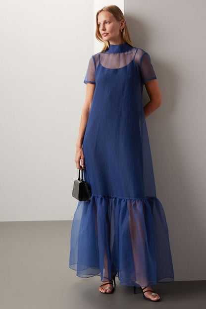 Organza Overlay Sheer Gown with Slip and Ruffle Hem Dress
