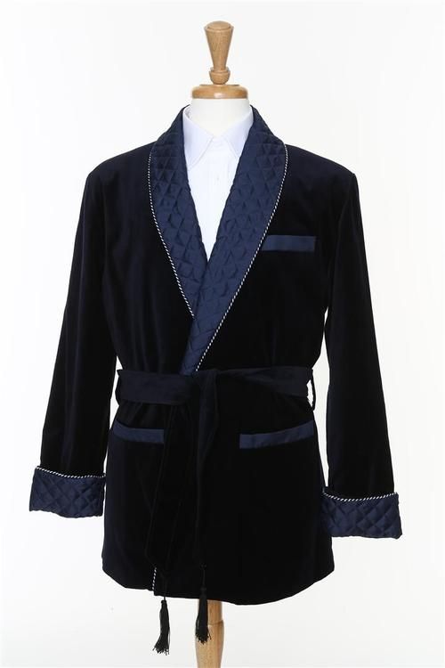 Mens Velvet Robe Quilted Lapel & Cuff