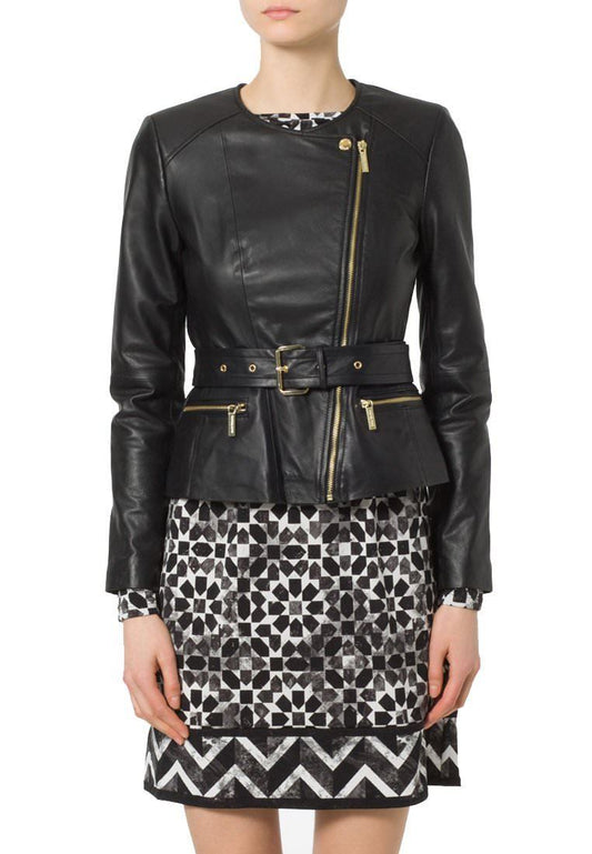 Leather Jacket With Zipper Pockets and Belt