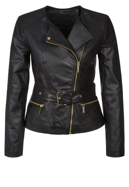 Leather Jacket With Zipper Pockets and Belt