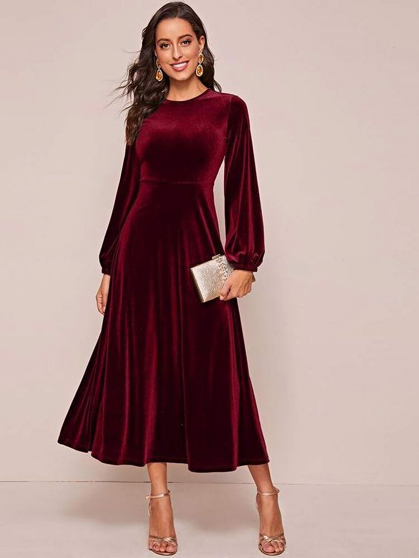 Womens Velvet Midi Dress Long Sleeves