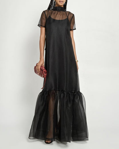 Sheer Black Organza Overlay Dress Wedding Gown