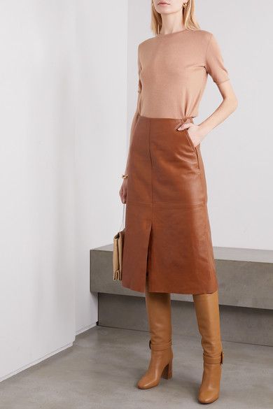 Straight Slit Leather Midi Skirt