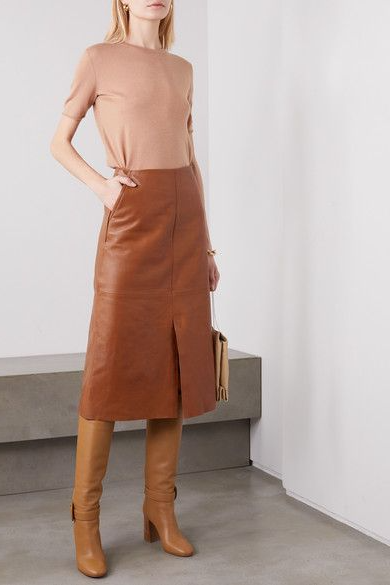 Straight Slit Leather Midi Skirt