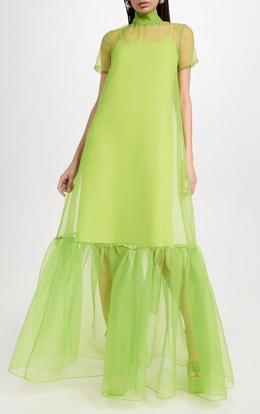 Dreamy Green Organza Maxi Dress for Weddings Short Sleeves and Slip