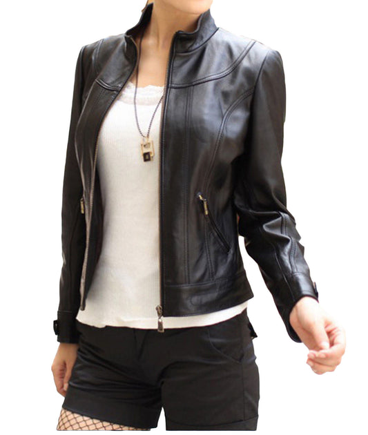 Black Slim Fit Women Leather Jacket