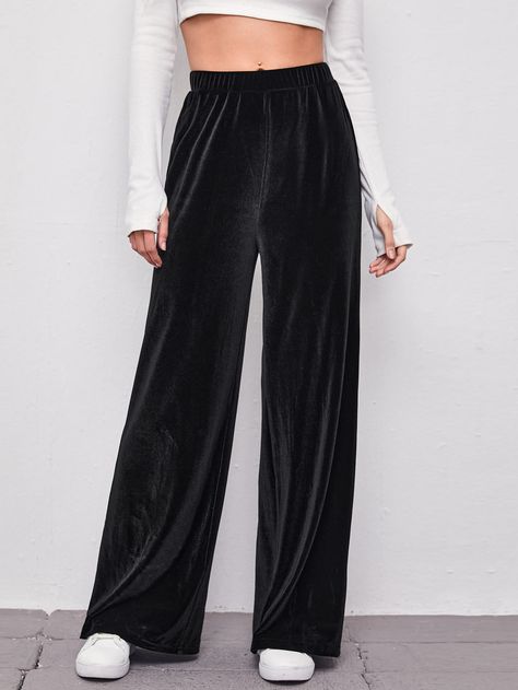 Chic Black Velvet Palazzo Pants with Flared Legs – Perfect for Evening Wear