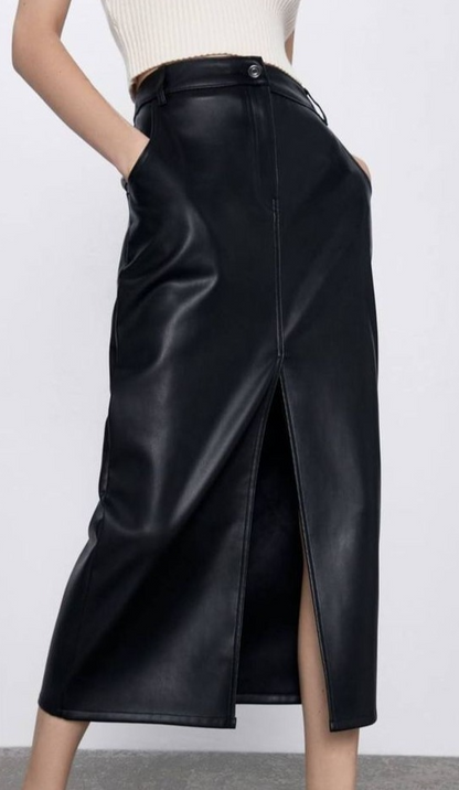 Black Leather Skirt With Front Slit