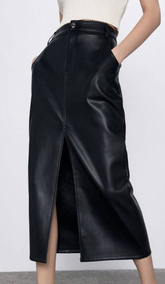 Black Leather Skirt With Front Slit