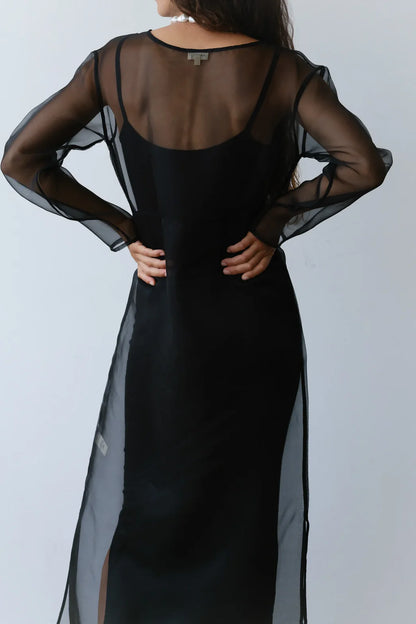 Black Sheer Organza Overlay Maxi Dress with Long Sleeves