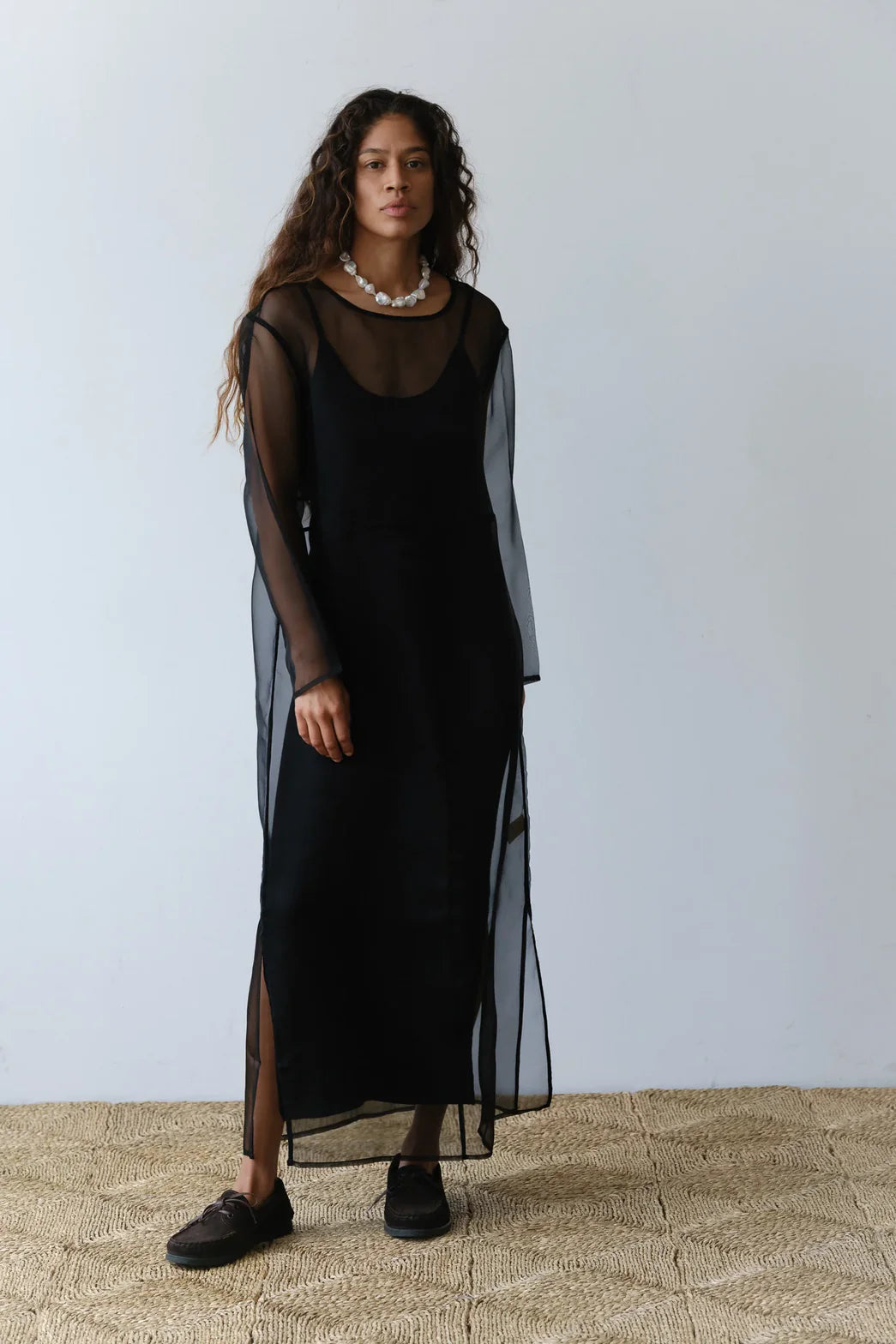 Black Sheer Organza Overlay Maxi Dress with Long Sleeves