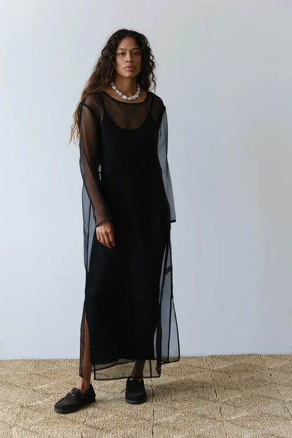 Black Sheer Organza Overlay Maxi Dress with Long Sleeves