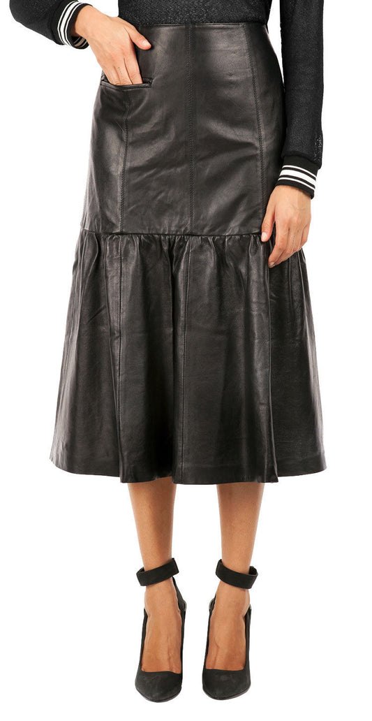 Leather Ruffle Midi Skirt