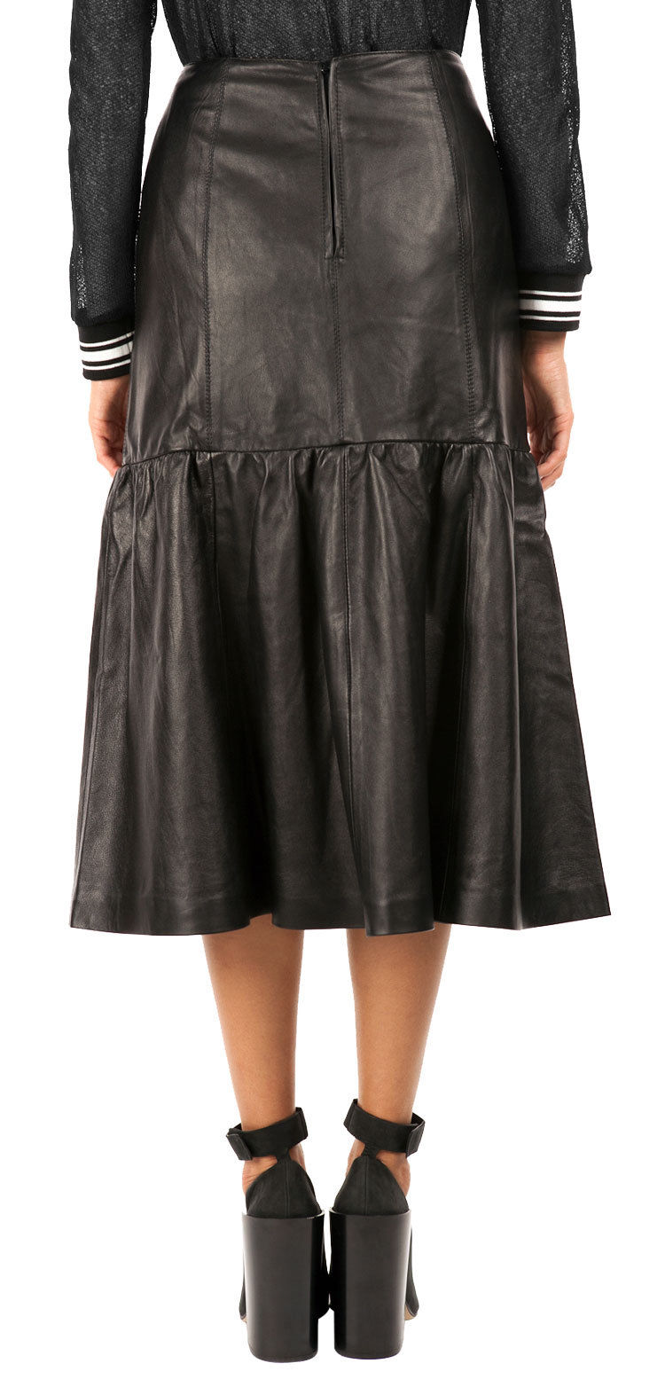 Leather Ruffle Midi Skirt