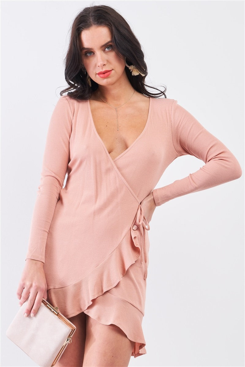 Tan Blush Ribbed Deep Plunge V-neck Asymmetrical Wrap Flare Hem Dress