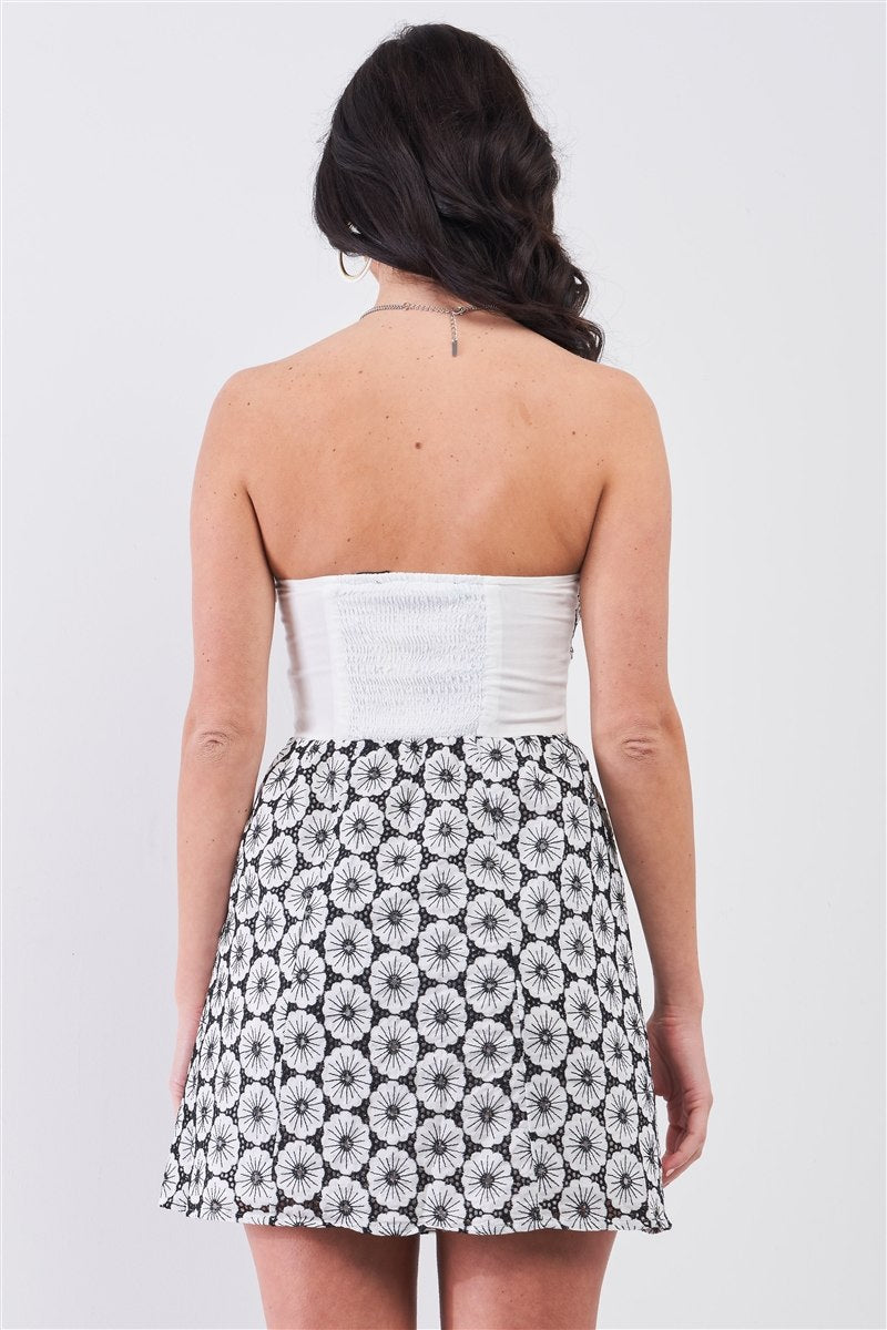 White & Black Floral Crochet Sleeveless Strapless Smock Back Detail Mini Dress