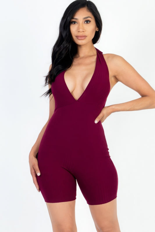 Casual Solid Halter V Neck Ribbed Bodycon Romper