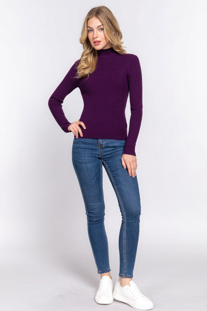 Long Slv Mock Neck Rib Sweater