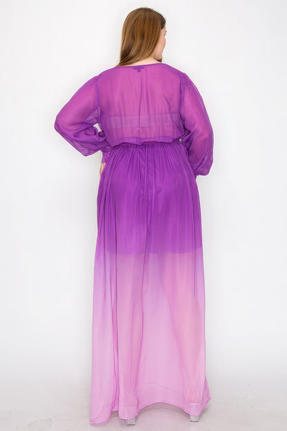 Ombre Chiffon Wrap Front Long Sleeve Tie Waist Slit Front Maxi Dress