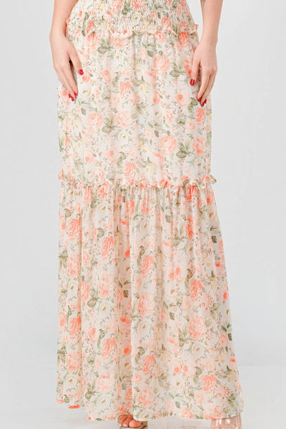 Floral Chiffon Off Shoulder Smocked Back Ruffled Tiered Maxi Dress