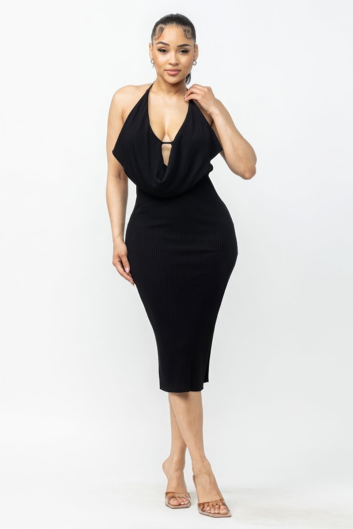 Tie Halter Drape Neck Midi Dress