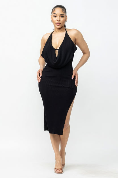 Tie Halter Drape Neck Midi Dress