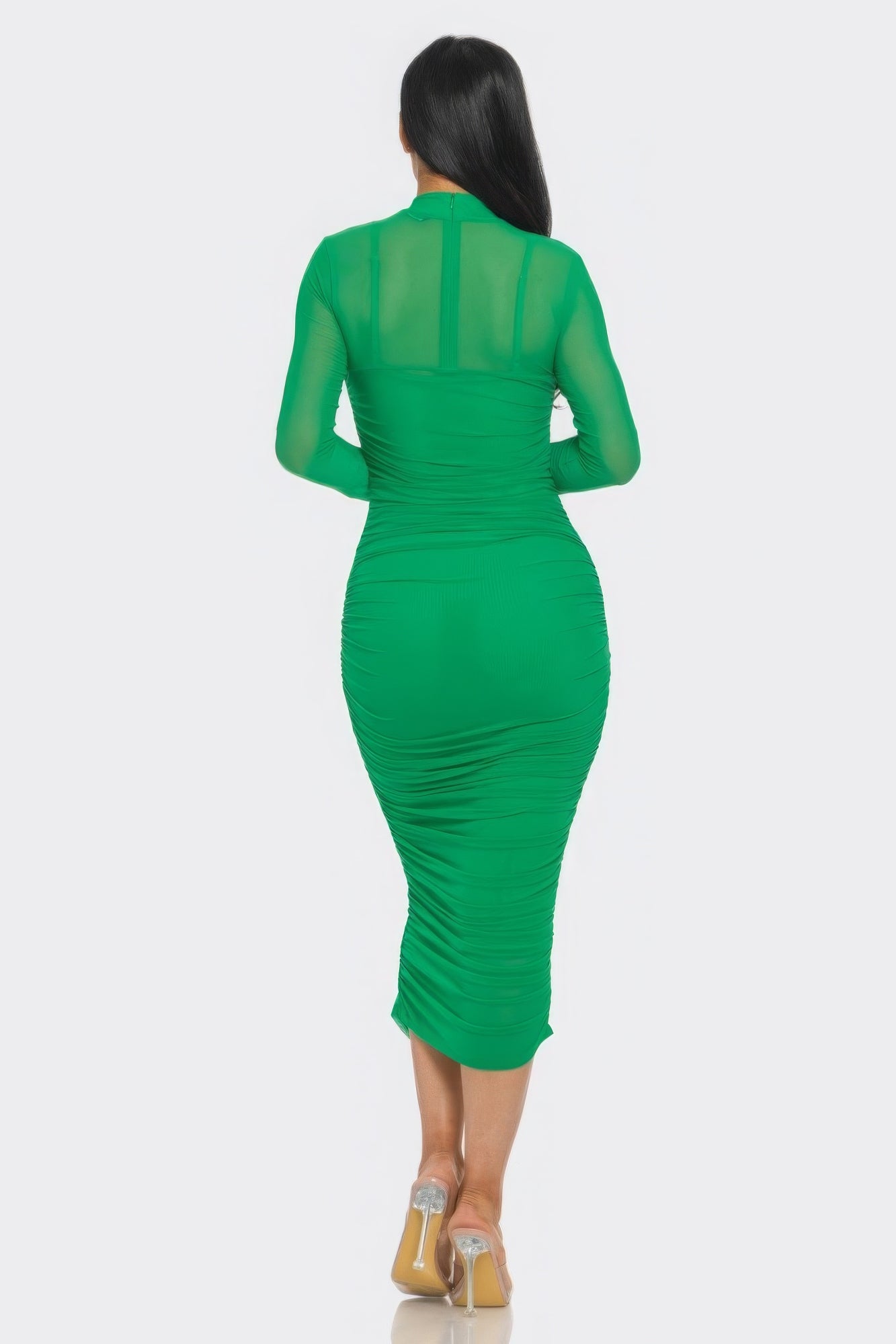 Solid Mesh Ruched Midi Dress