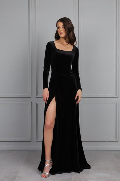 Long Black Velvet Dress With Slit