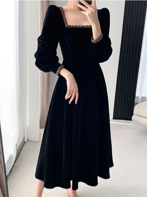 Black Velvet Midi Dress Square Neckline