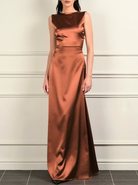 Brown Sleeveless Satin Maxi Dress