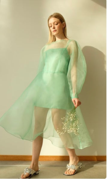 Chic Mint Green Organza Midi Dress with Puffy Sleeves Stylish and Fresh